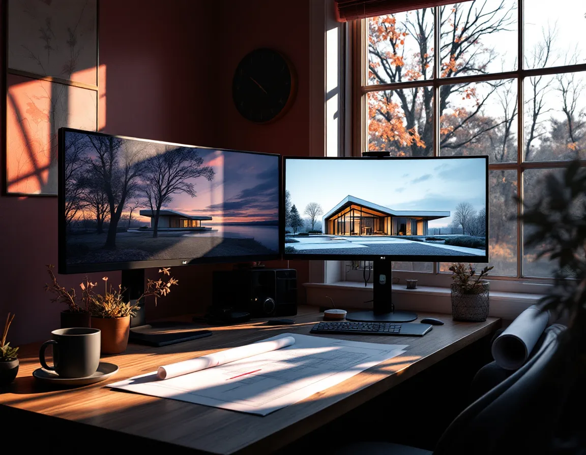 The Nalveo studio desk in late-afternoon light: a monitor showing a dusk render of a glass house beside a printed site plan with its north arrow circled