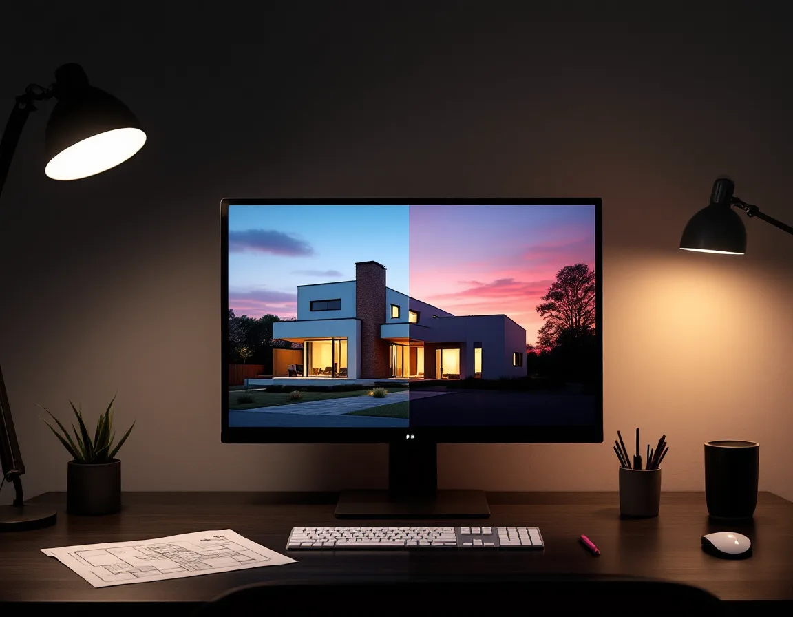 Studio monitor showing the same house as a grey clay model on one half and a photoreal dusk render on the other